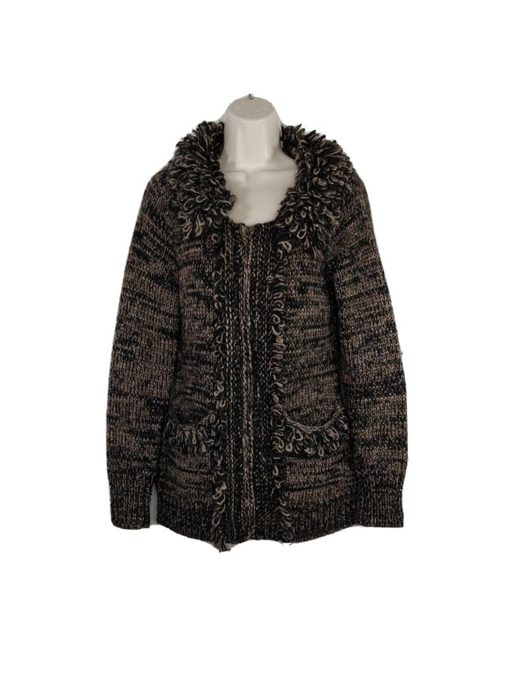 Leifsdottir Anthropologie Zip up Cardigan Sweater Size S Brown Black Metallic